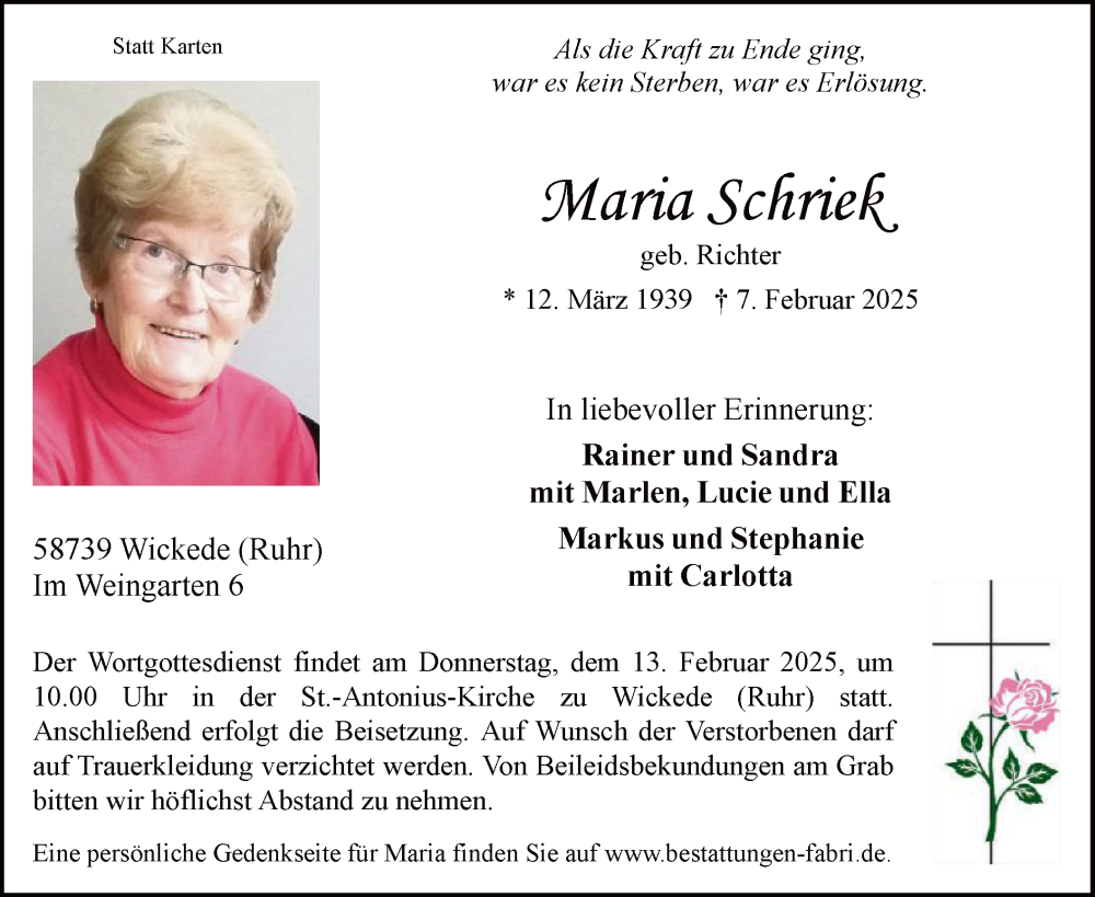  Traueranzeige für Maria Schriek vom 11.02.2025 aus WA