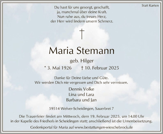 Traueranzeige von Maria Stemann von WA