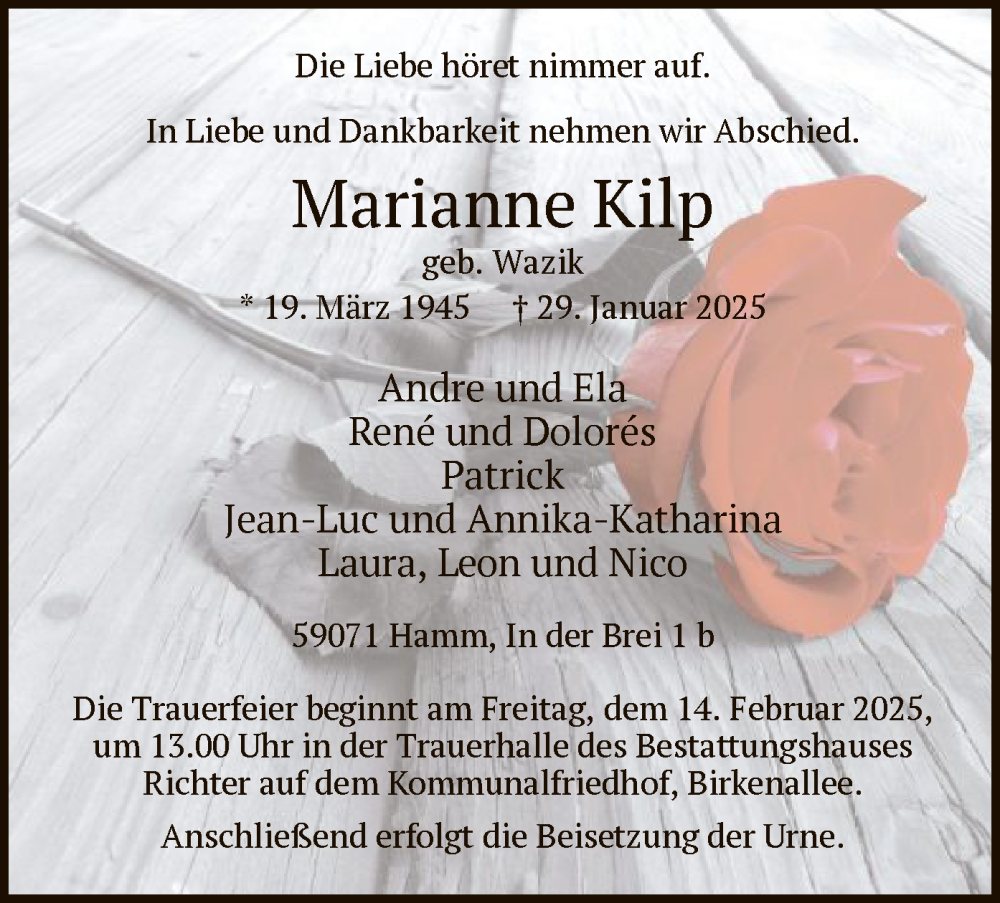  Traueranzeige für Marianne Kilp vom 08.02.2025 aus WA