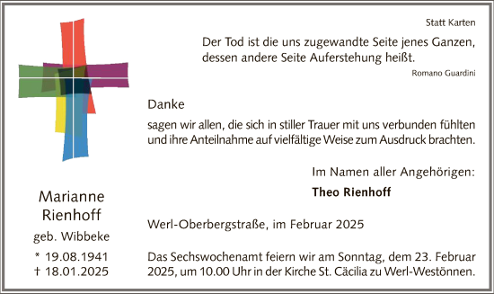 Traueranzeige von Marianne Rienhoff von WA