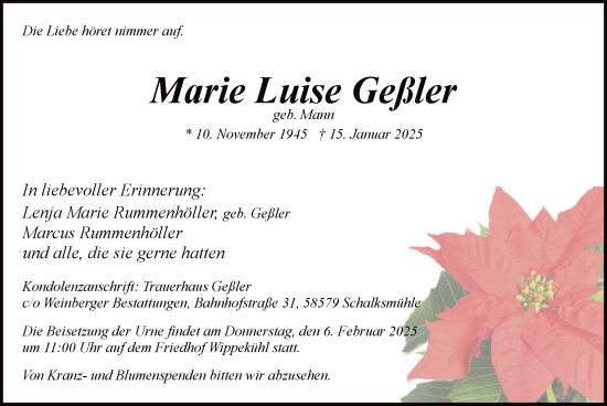 Traueranzeige von Marie Luise Geßler von WA