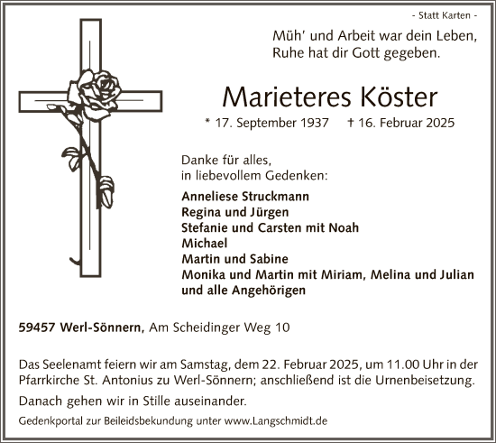 Traueranzeige von Marieteres Köster von WA