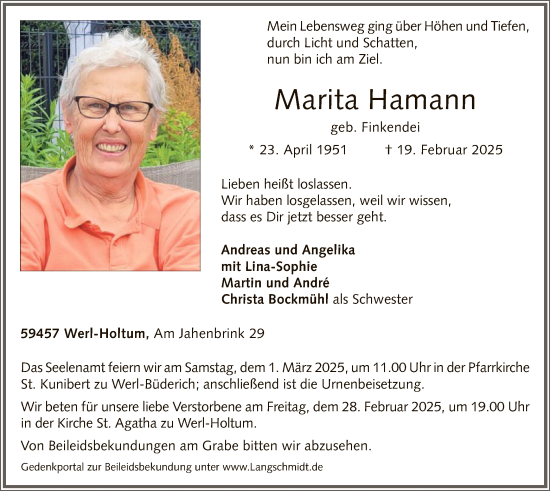 Traueranzeige von Marita Hamann von WA