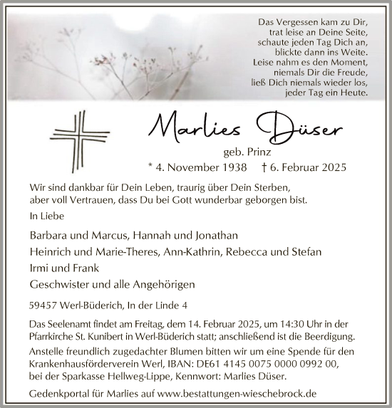 Traueranzeige von Marlies Düser von WA