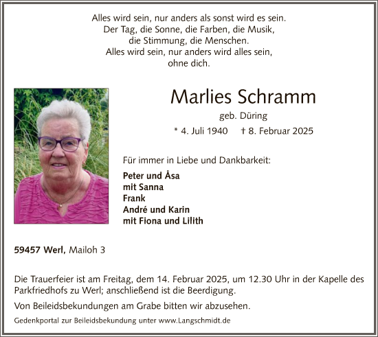 Traueranzeige von Marlies Schramm von WA