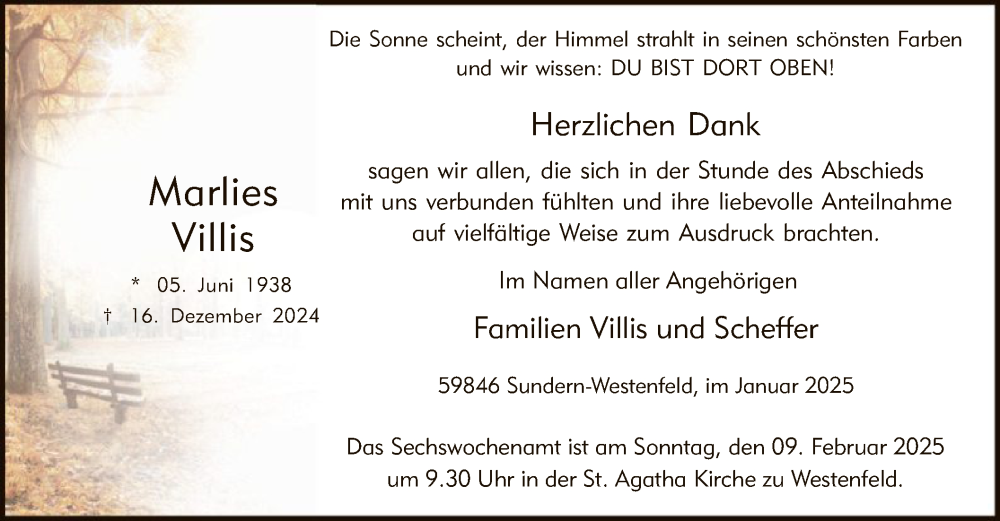  Traueranzeige für Marlies Villis vom 01.02.2025 aus WA