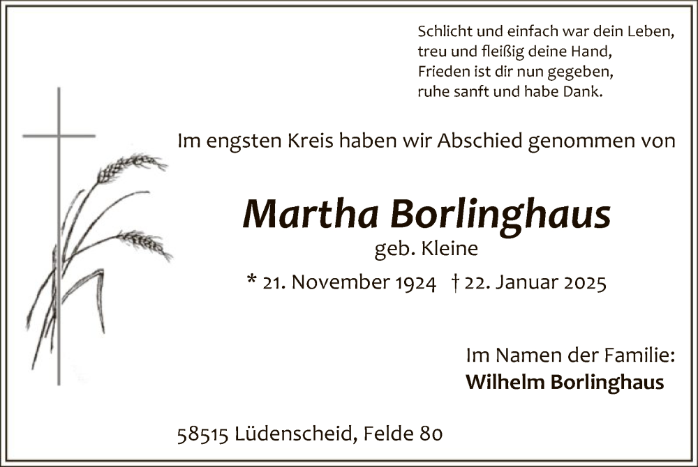  Traueranzeige für Martha Borlinghaus vom 01.02.2025 aus WA