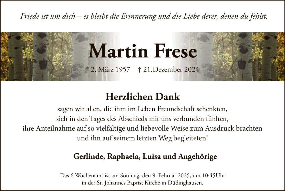  Traueranzeige für Martin Frese vom 01.02.2025 aus WA