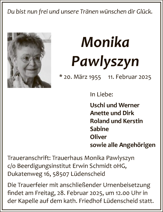 Traueranzeige von Monika Pawlyszyn von WA