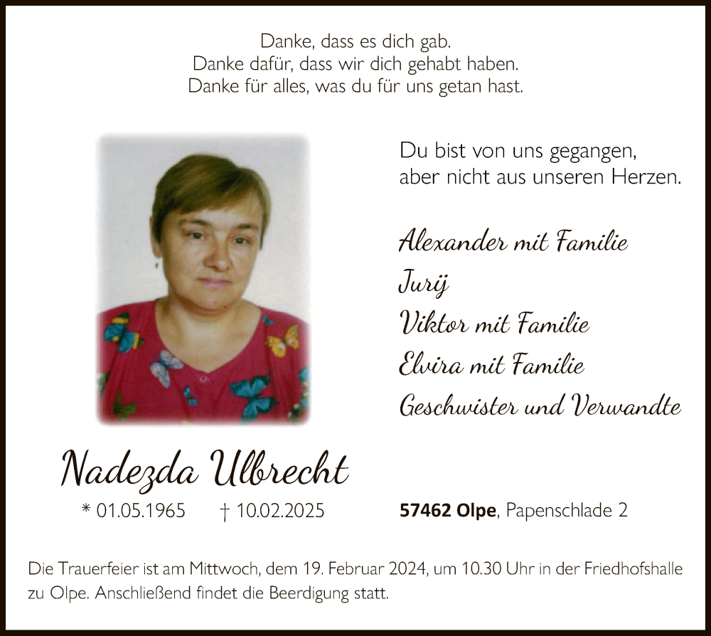  Traueranzeige für Nadezda Ulbrecht vom 15.02.2025 aus WA