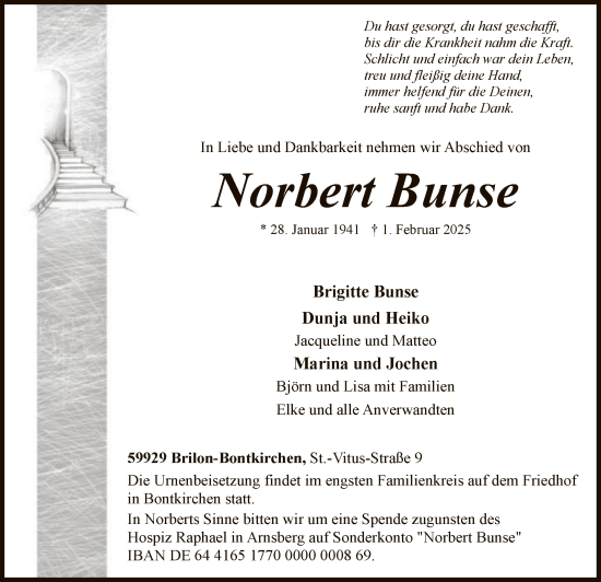 Traueranzeige von Norbert Bunse von WA