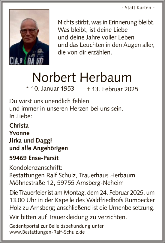 Traueranzeige von Norbert Herbaum von WA