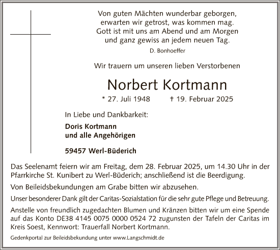 Traueranzeige von Norbert Kortmann von WA