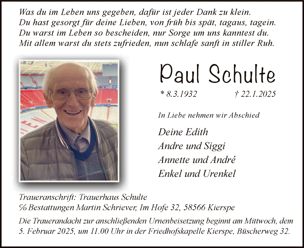  Traueranzeige für Paul Schulte vom 01.02.2025 aus WA