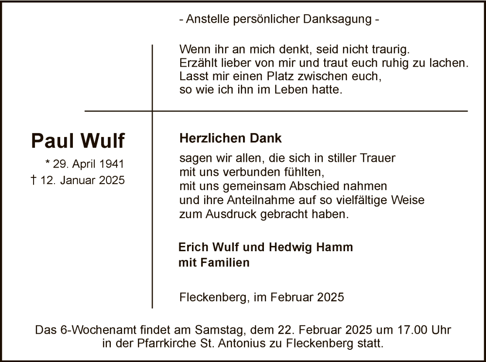  Traueranzeige für Paul Wulf vom 15.02.2025 aus WA