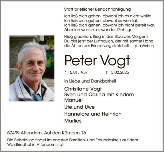 Traueranzeige von Peter Vogt von WA