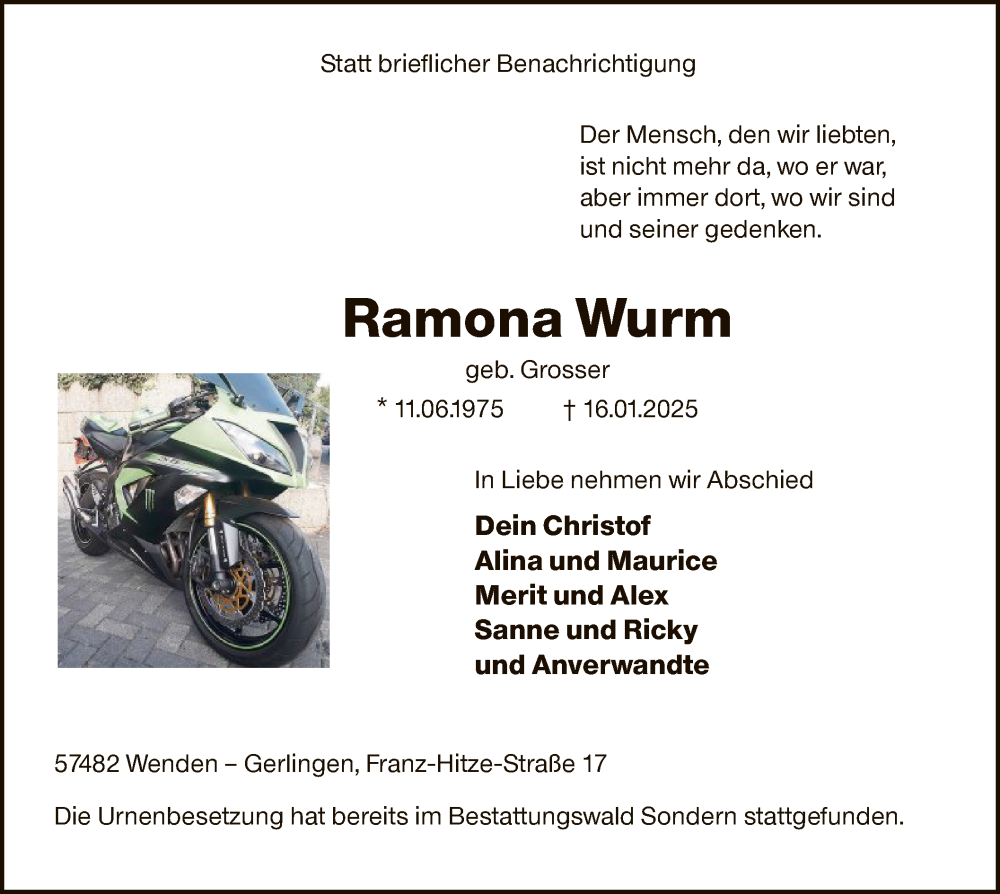  Traueranzeige für Ramona Wurm vom 01.02.2025 aus WA