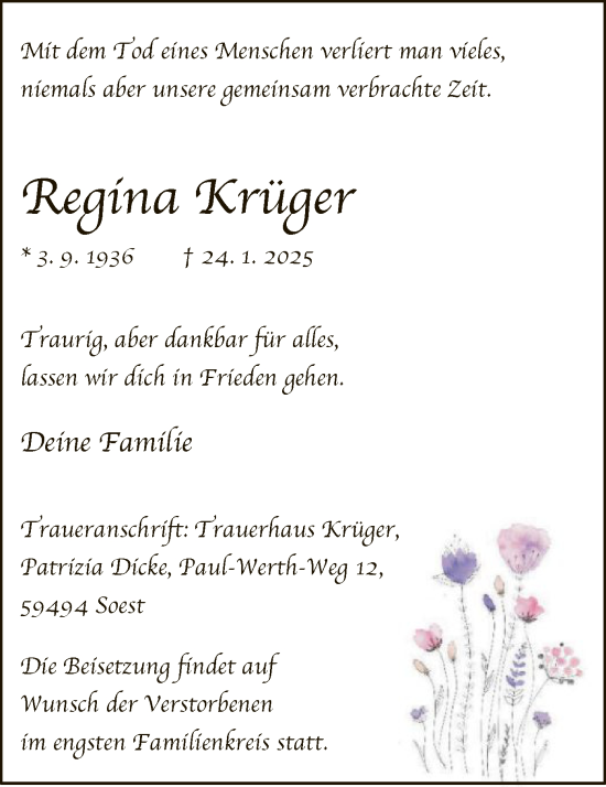 Traueranzeige von Regina Krüger von WA
