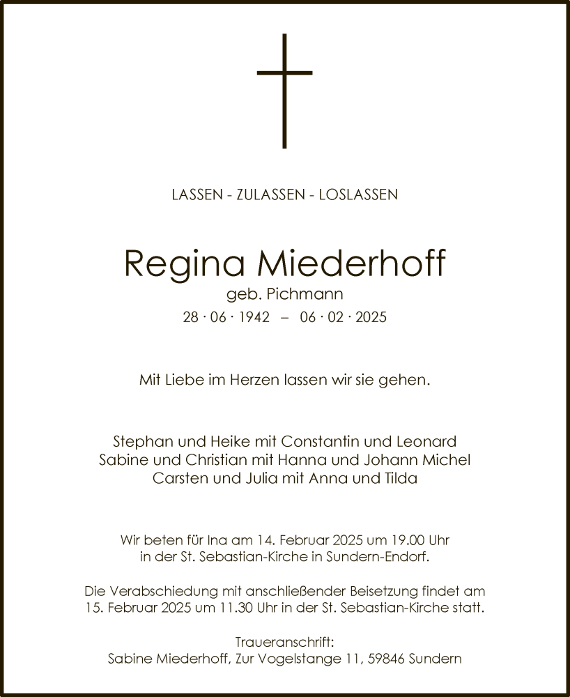  Traueranzeige für Regina Miederhoff vom 08.02.2025 aus WA