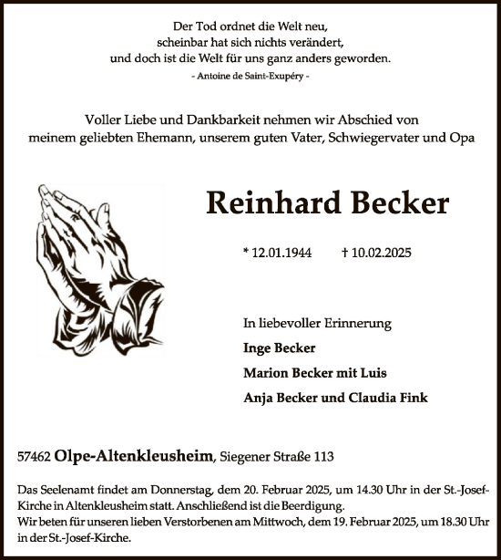 Traueranzeige von Reinhard Becker von WA