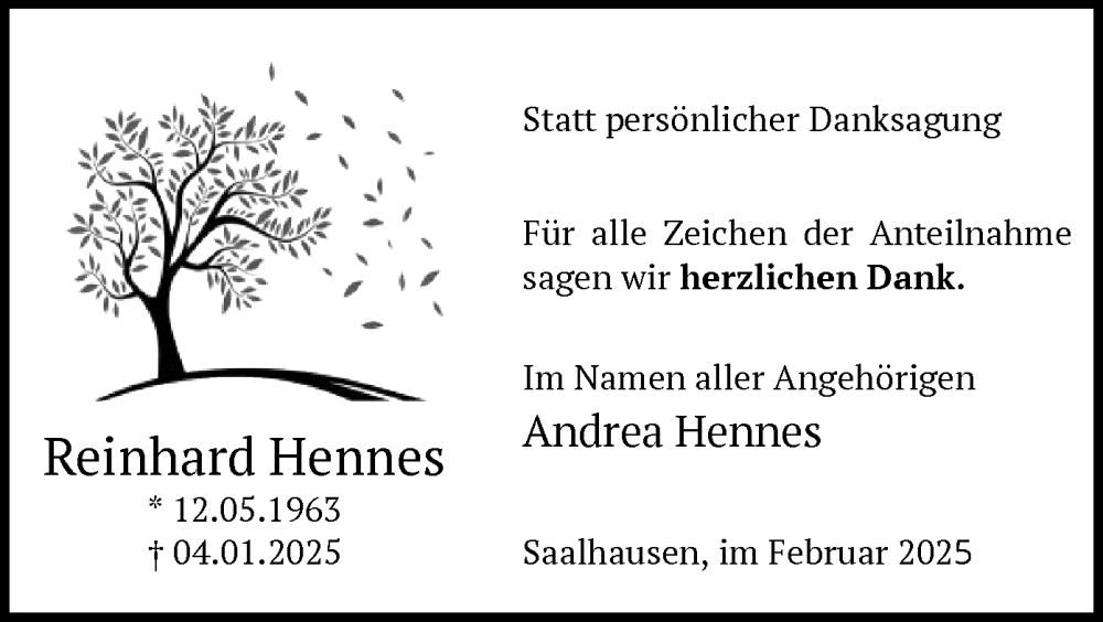  Traueranzeige für Reinhard Hennes vom 15.02.2025 aus WA