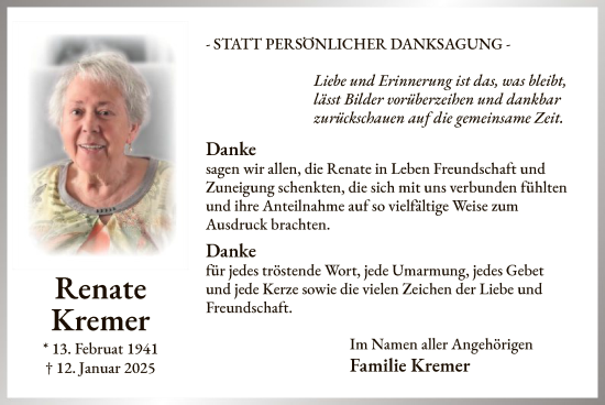 Traueranzeige von Renate Kremer von WA