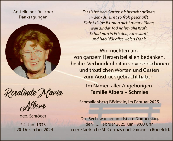 Traueranzeige von Rosalinde Maria Albers von WA