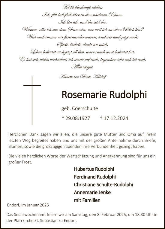 Traueranzeige von Rosemarie Rudolphi von WA