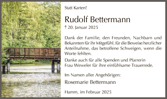 Traueranzeige von Rudolf Bettermann von WA