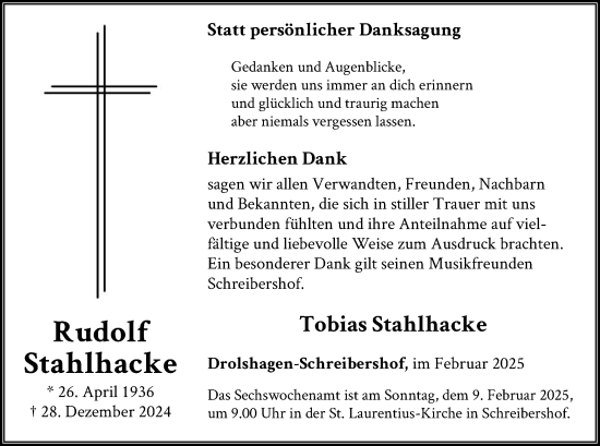 Traueranzeige von Rudolf Stahlhacke von WA