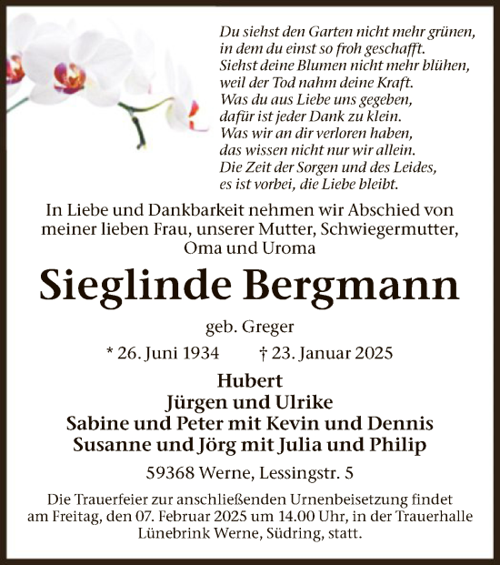 Traueranzeige von Sieglinde Bergmann von WA