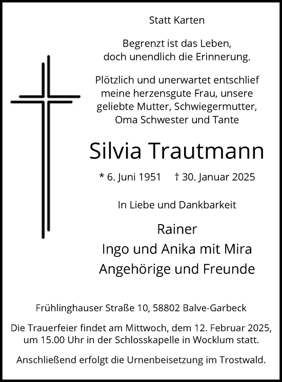 Traueranzeige von Silvia Trautmann von WA