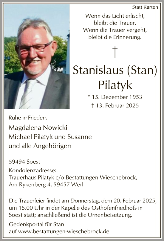 Traueranzeige von Stanislaus Pilatyk von WA