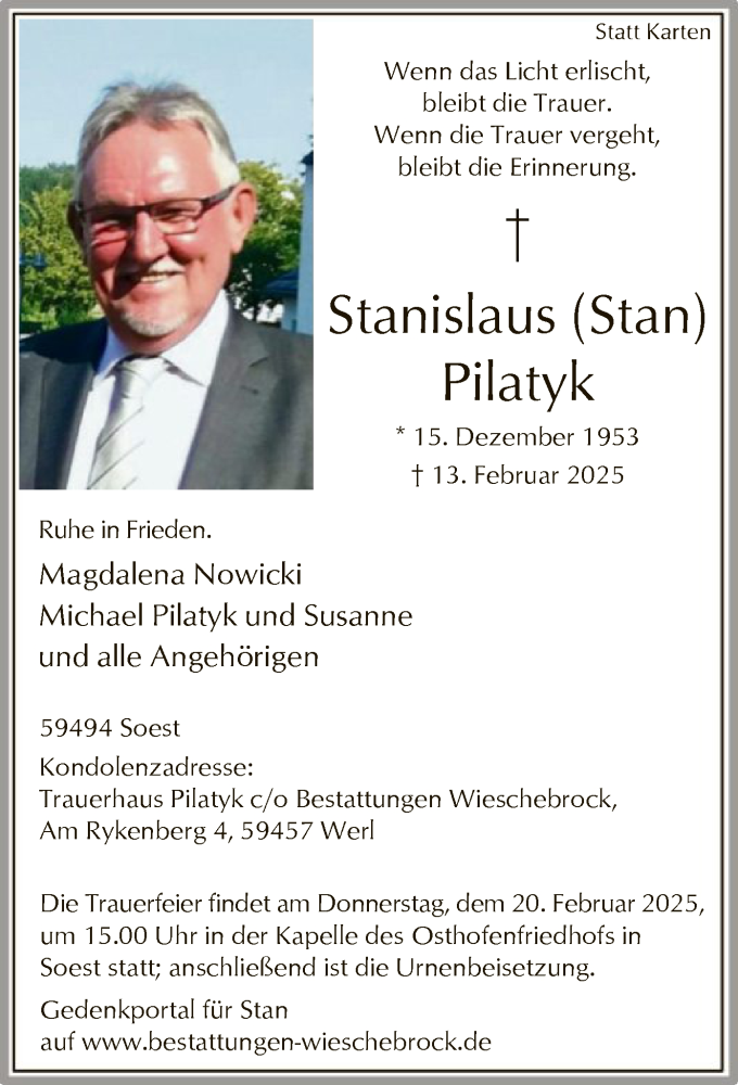  Traueranzeige für Stanislaus Pilatyk vom 15.02.2025 aus WA