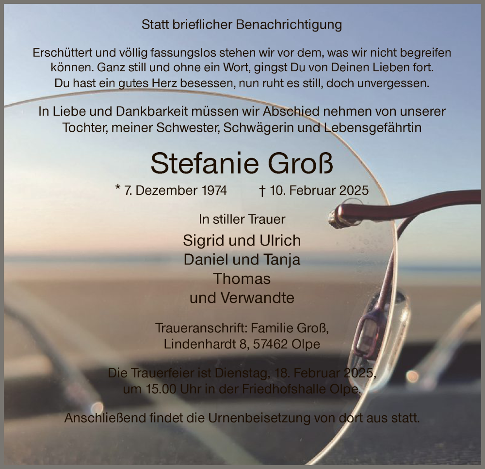  Traueranzeige für Stefanie Groß vom 15.02.2025 aus WA