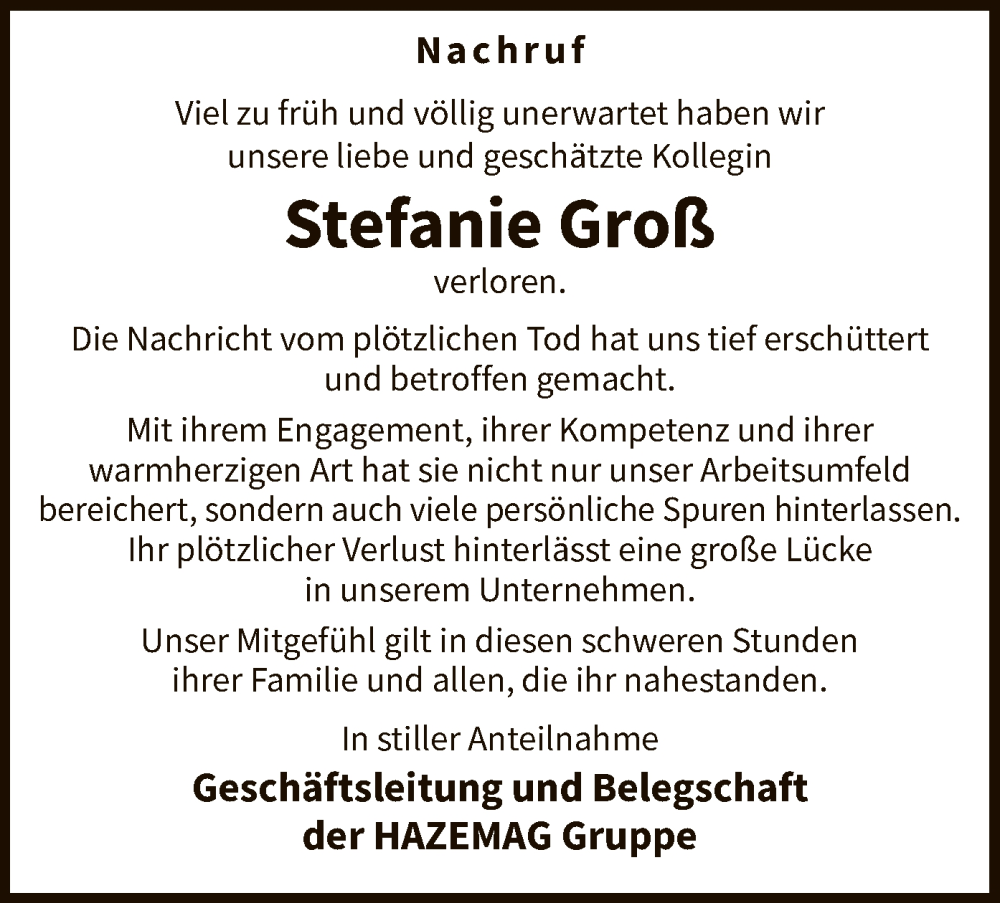  Traueranzeige für Stefanie Groß vom 15.02.2025 aus WA