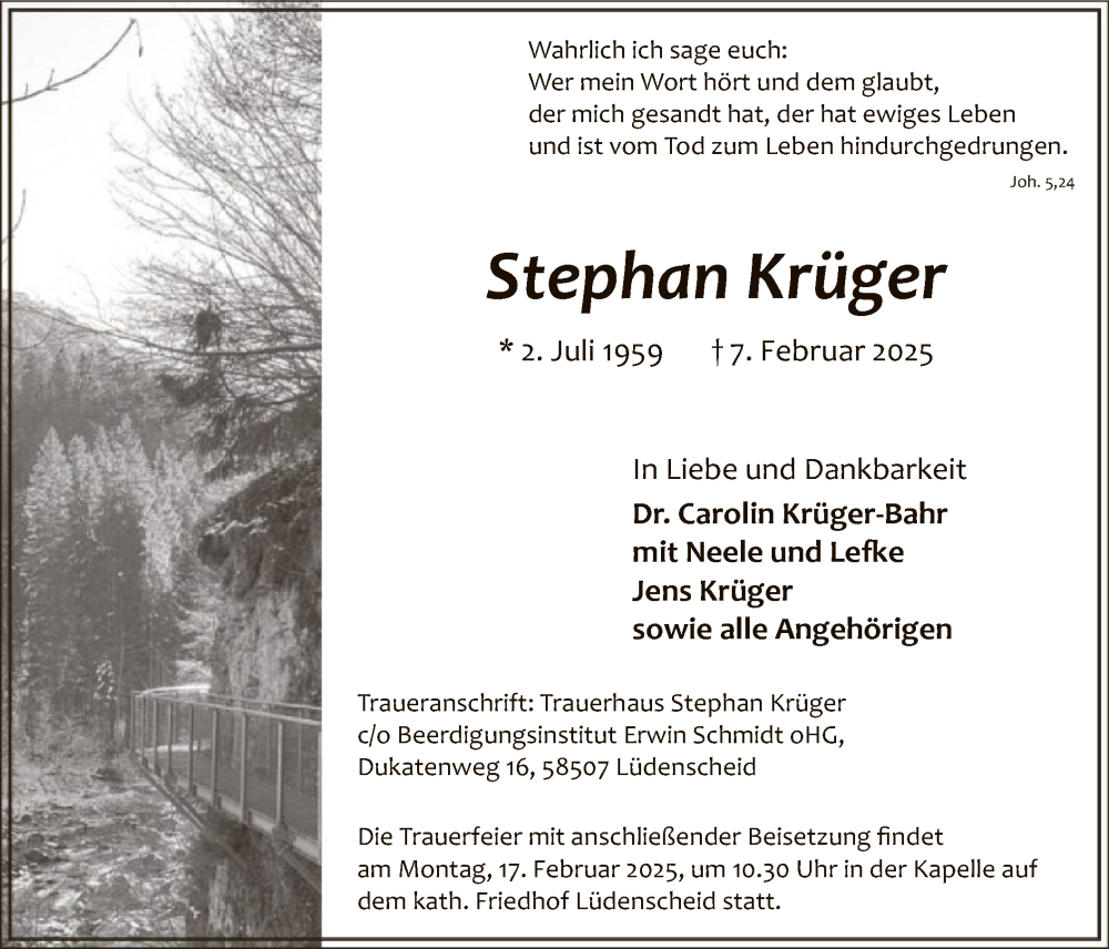  Traueranzeige für Stephan Krüger vom 12.02.2025 aus WA