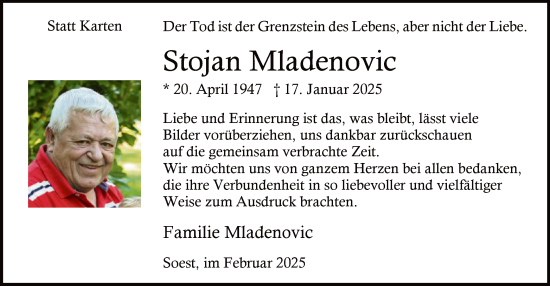 Traueranzeige von Stojan Mladenovic von WA