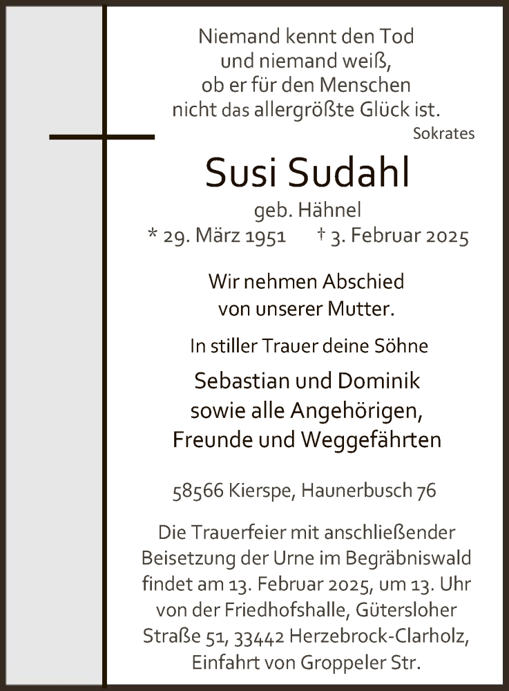  Traueranzeige für Susi Sudahl vom 08.02.2025 aus WA