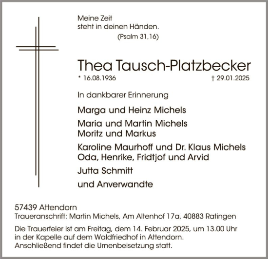 Traueranzeige von Thea Tausch-Platzbecker von WA
