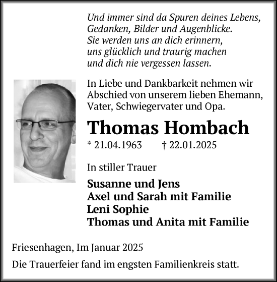 Traueranzeige von Thomas Hombach von WA