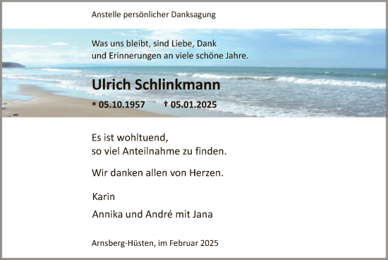 Traueranzeige von Ulrich Schlinkmann von WA