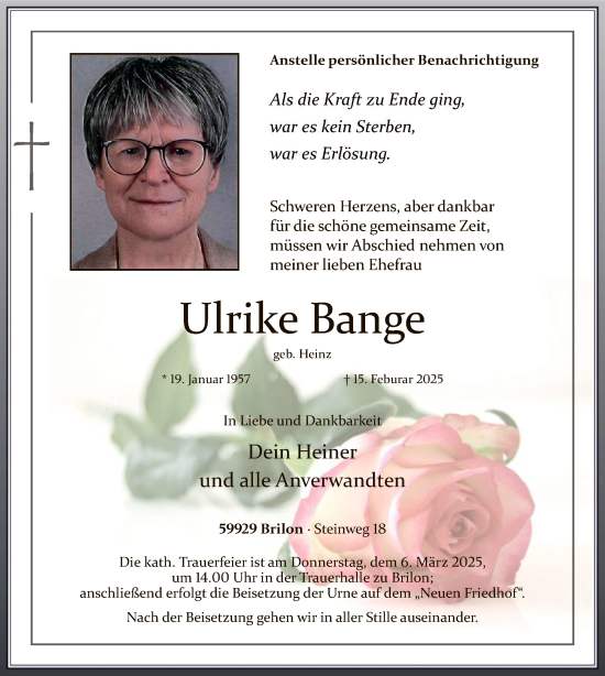 Traueranzeige von Ulrike Bange von WA