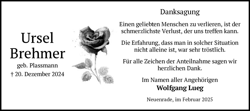  Traueranzeige für Ursel Brehmer vom 01.02.2025 aus WA