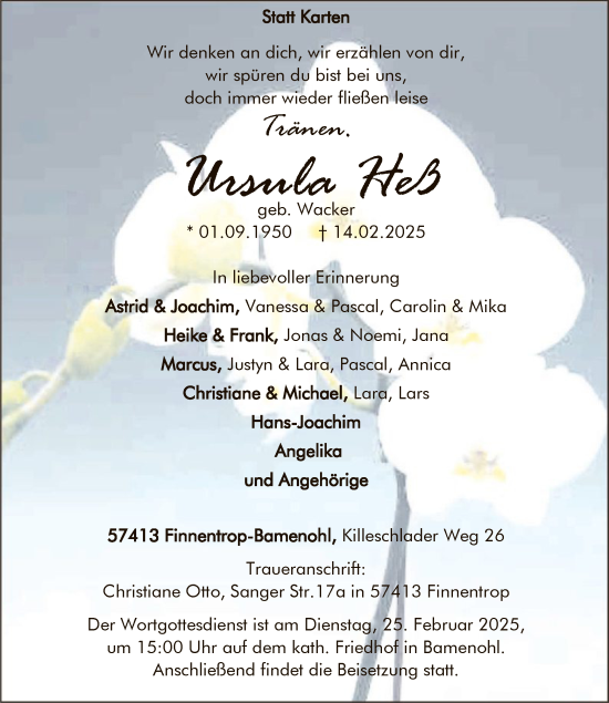 Traueranzeige von Ursula Heß von WA