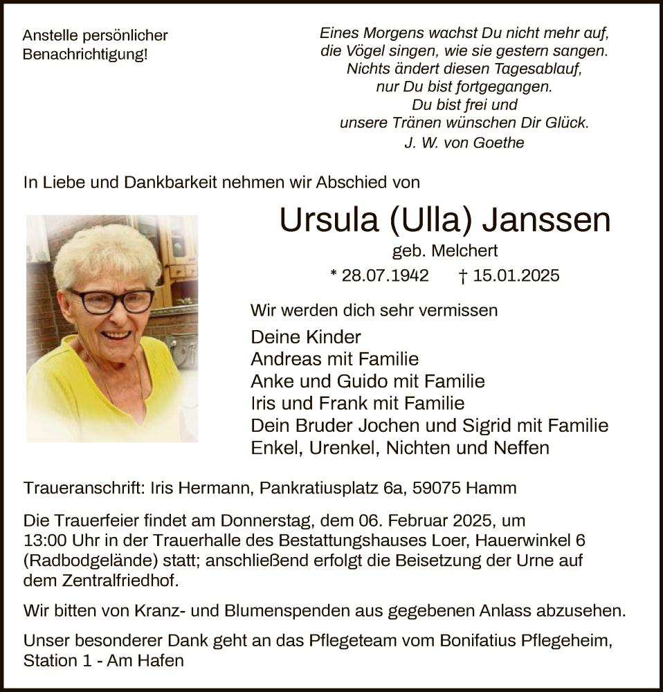  Traueranzeige für Ursula Janssen vom 01.02.2025 aus WA