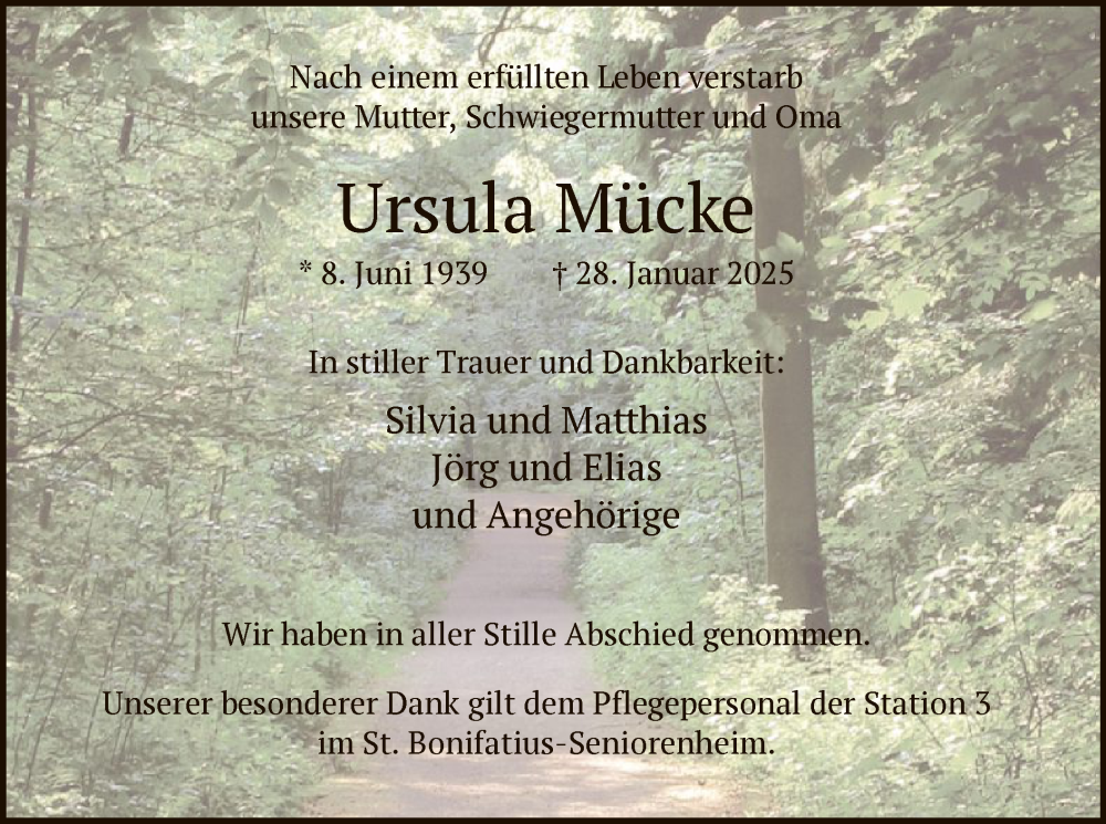  Traueranzeige für Ursula Mücke vom 08.02.2025 aus WA