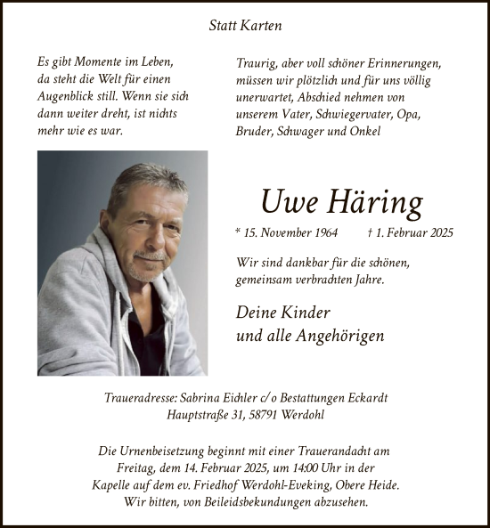 Traueranzeige von Uwe Häring von WA