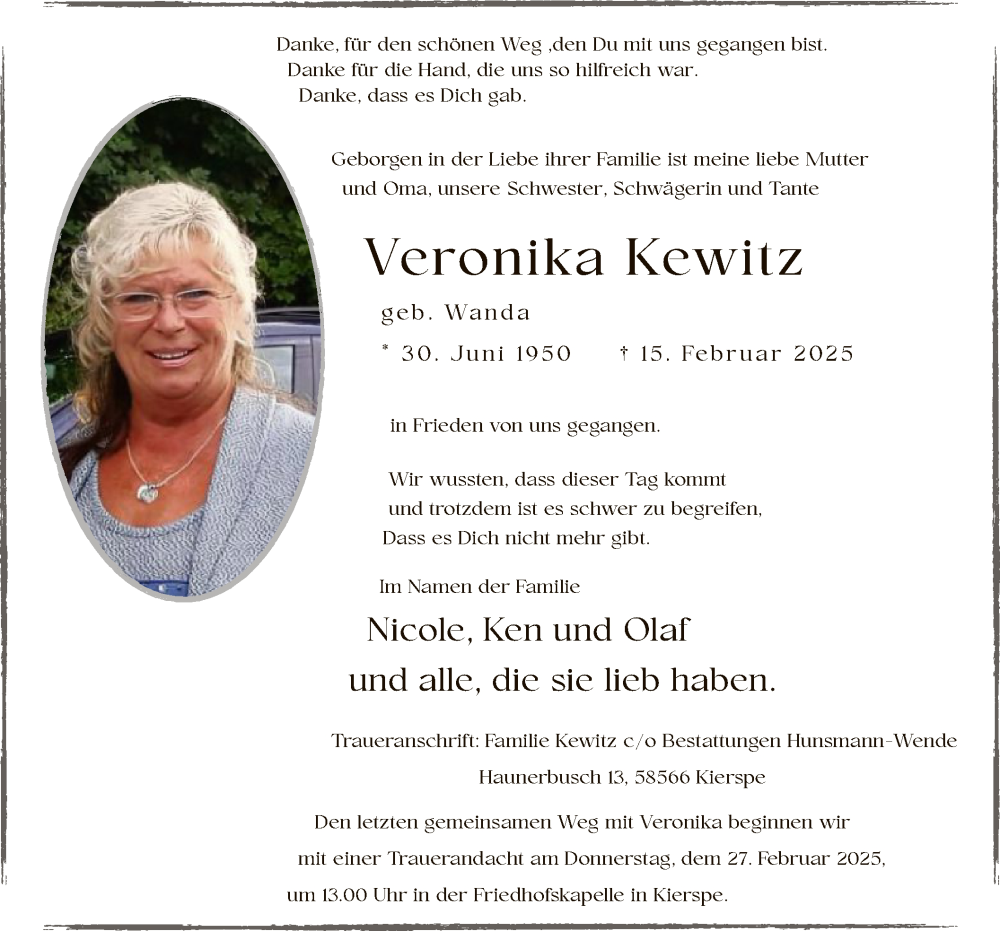  Traueranzeige für Veronika Kewitz vom 22.02.2025 aus WA