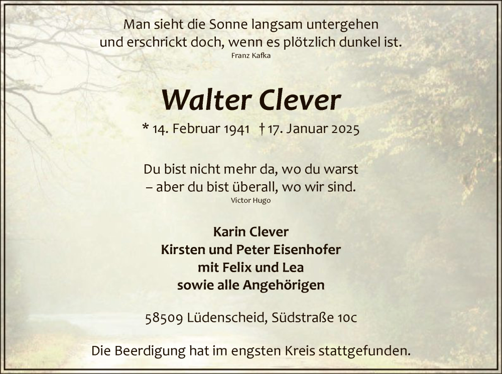  Traueranzeige für Walter Clever vom 01.02.2025 aus WA
